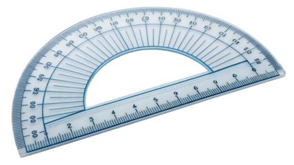 Single geometry protractor, transparent plastic with printed numbers, half-circle shape, isolated PNG transparent background