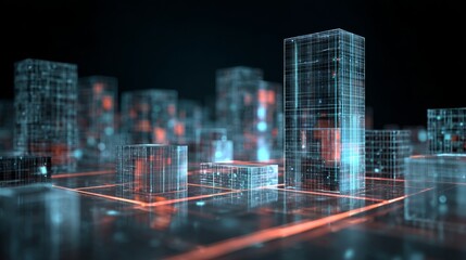 Futuristic digital marketplace featuring floating virtual buildings with advanced user interface