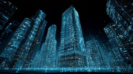 Futuristic virtual marketplace showcasing floating buildings with advanced user interface design