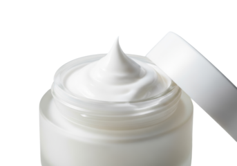 Elegant open frosted glass cosmetic jar with perfectly sculpted peak of luxurious white cream in sharp focus, soft studio light, transparent background. Concept of premium beauty and self-care ritual