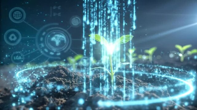 Futuristic Digital Farming Technology With Virtual Data Streams Nourishing Young Plant Growth In A High Tech Agriculture Scene