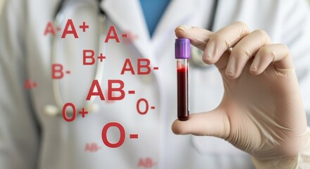 Medical Laboratory Blood Sample: A medical professional holds a vial containing a blood sample, set against a backdrop of various blood types, signifying medical diagnostics and analysis.