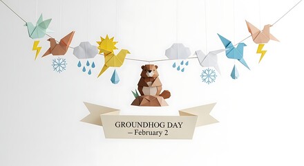 Groundhog day papercraft decoration with origami birds