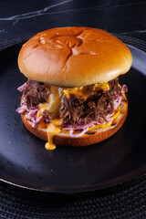 Pulled pork burger. Burger with pork meat