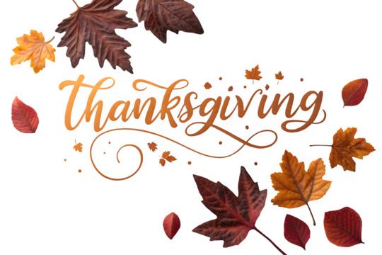 Beautiful thanksgiving text with autumn leaves isolated on transparent background