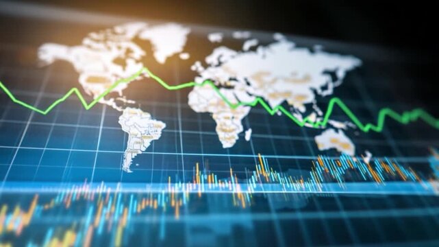 Global market trends: Visual representation of global market trends, showcasing fluctuations and the complex interconnections of economies through graphical data overlays. - Powered by Adobe