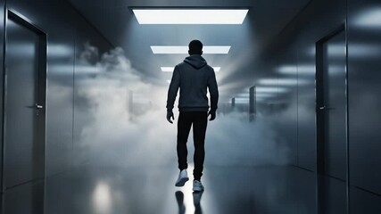 Man walking through mysterious smoke filled passage silhouette - Powered by Adobe