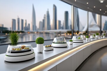 Futuristic smart food display in a sleek modern lounge with a city view.