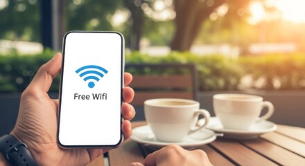 Free Wifi Mobile Phone: A person's hand holds a smart phone, the screen displaying a free WiFi symbol, next to two cups of coffee, conveying the convenience of modern communication