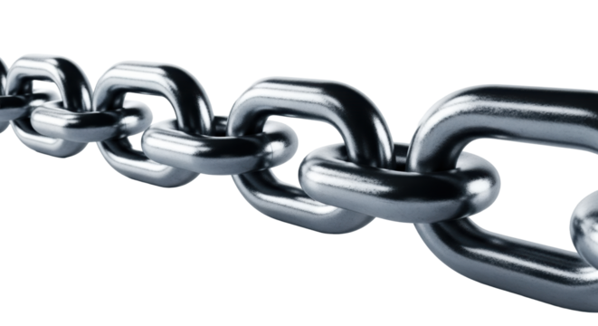 Meticulously polished, heavy-duty steel chain links, 3-5 perfectly interlocked with razor-sharp focus on a transparent studio background, concept of foundational stability