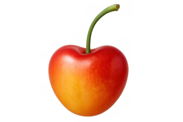 Sweet red and yellow rainier cherry forming a heart shape, fresh fruit with green stem, transparent background