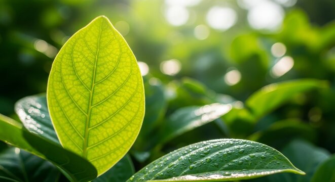 Fresh vibrant green leaf in natural sunlight with blurred bokeh background, perfect for nature photography, environmental themes, spring imagery, organic design elements, ecological content, and botan