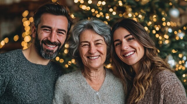 Beautiful family smiling, happy and confident, standing and posing with the tree as they celebrate Christmas at home