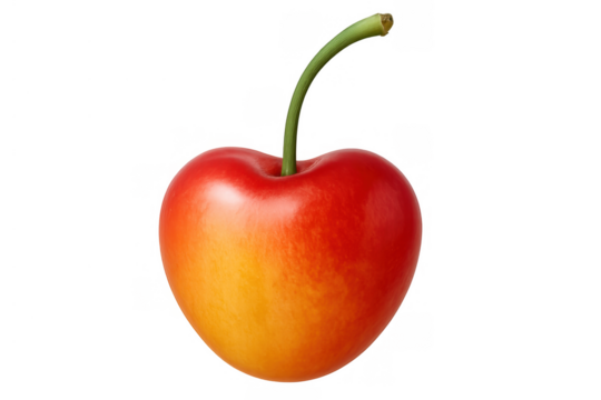 Sweet red and yellow rainier cherry forming a heart shape, fresh fruit with green stem, transparent background