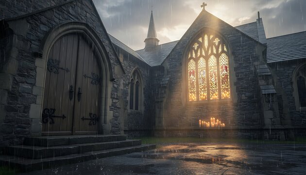 Dramatic sunlight streams through a large stained glass window of an ancient stone cathedral casting ethereal golden light onto the wet cobblestone courtyard