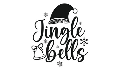 Festive jingle bells christmas greeting with a santa hat silhouette and decorative snowflakes and a bell illustration silhouette