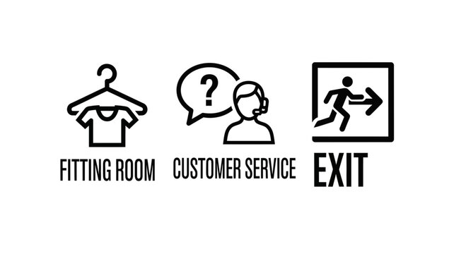 Three icons depict a fitting room, customer service representative, and an exit sign.