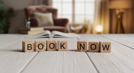 Book Now: Wooden blocks spelling Book Now arranged on a wooden table, with a blurred backdrop of an open book, armchair, and warm ambiance.