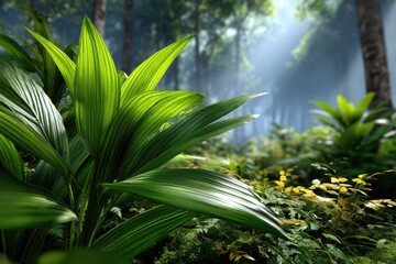 Vibrant green tropical foliage thriving in a sun-dappled, misty forest environment.