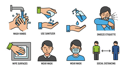 A visual guide illustrating essential hygiene practices and social distancing guidelines for public health.