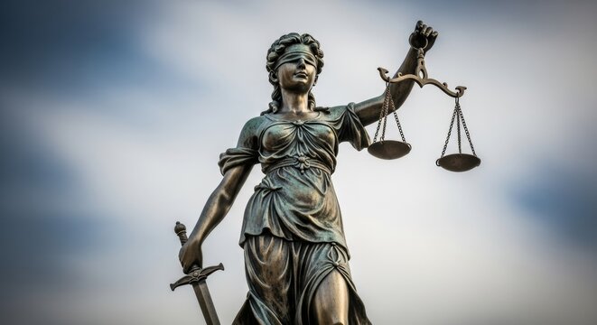 Lady Justice: A majestic statue of Lady Justice, blindfolded and wielding a sword and scales, embodies the ideals of fairness and impartiality against a dramatic sky.