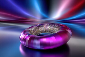 Abstract 3D torus, vibrant purple with metallic sheen, against light streaks.