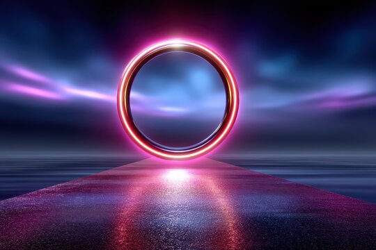 Vibrant neon glow portal on a reflective surface against a dark futuristic backdrop