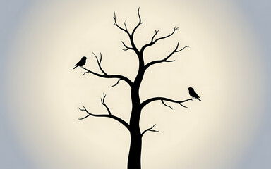 Silhouette of a bare tree with two birds branches