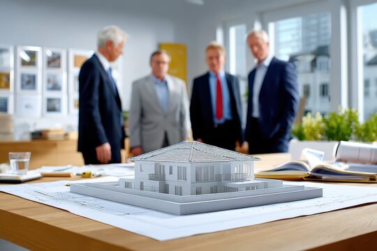 Architects and clients examining a detailed house model and construction plans.