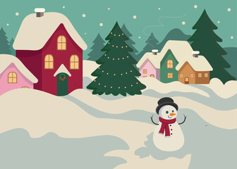 Cozy Snowy Winter Town with Festive Houses and Snowman