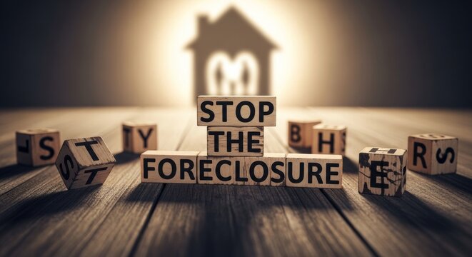 Foreclosure Halt: Conceptual image capturing the urgency of stopping foreclosure, with wooden blocks spelling STOP THE FORECLOSURE in front of a house shadow.