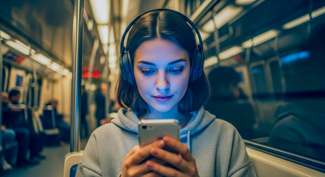 woman using smartphone on subway train