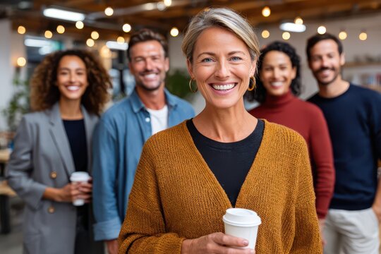 Confident smiling mature businesswoman with coffee and diverse colleagues