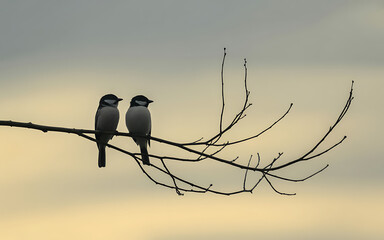Two birds perched on a bare tree branch against a soft sky