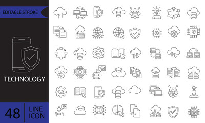 Technology and Cloud Computing Line Icons Set data network