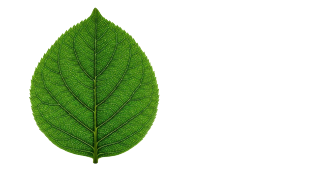 A single, vibrant emerald green leaf with intricate veins, freshly hydrated, isolated on a transparent minimalist studio background with copy space, conveying eco-consciousness and sustainable