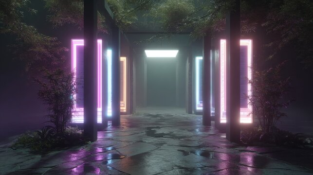 Futuristic cyber architecture gallery featuring property nfts and illuminated signage displays