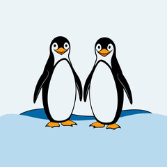 Two adorable cartoon penguins standing together on ice