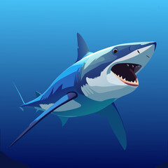 Majestic great white shark swimming open mouth in deep blue ocean waters