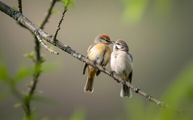 Two Small Birds Nuzzling on a Tree Branch pair couple