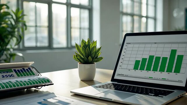 Laptop Displaying Green Bar Graph on Desk with Calculator and Potted Plant by Window
