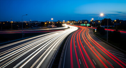 Obraz premium Capturing the dynamic flow of traffic on a highway at dusk with streaks of light from moving vehicles creating a mesmerizing visual spectacle