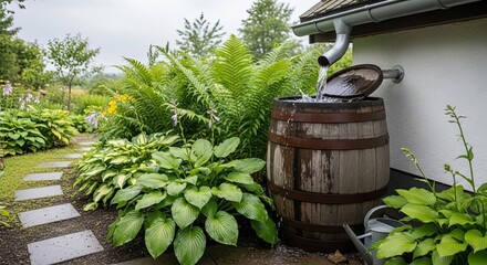 Rain barrel collecting water from a downspout in a lush green garden with stepping stones