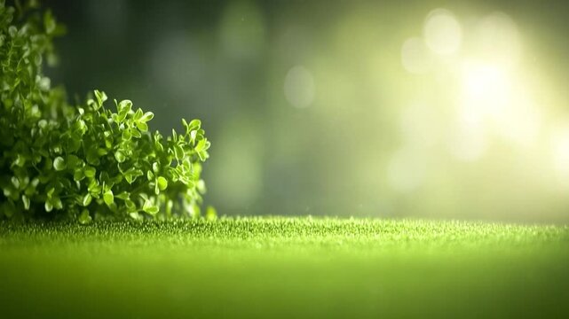 A Fresh Lawn Scene: A sun-kissed, low-angle shot captures the essence of tranquility with a vibrant green lawn that leads to a background, creating a serene and captivating scene.