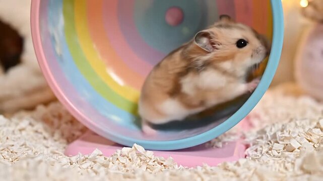 Small rodent in colorful wheel exercise indoors
