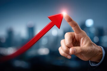 Business growth concept with rising red arrow pointing upwards, symbolized by a finger touching the tip against a blurred cityscape backdrop.