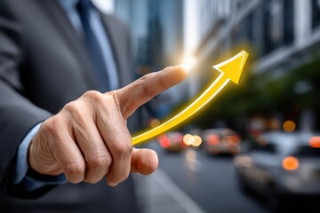 A businessman pointing at a rising arrow, symbolizing growth in business strategy and financial market, with urban city background and abstract business vision concept.