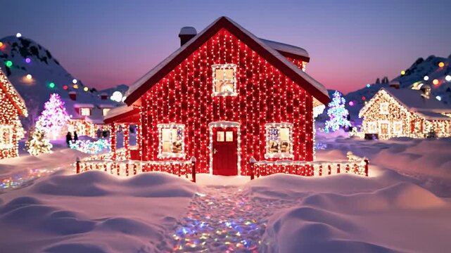 Cozy winter wonderland, festive holiday lights twinkle on snow-covered house, magical Christmas scene in snowy village