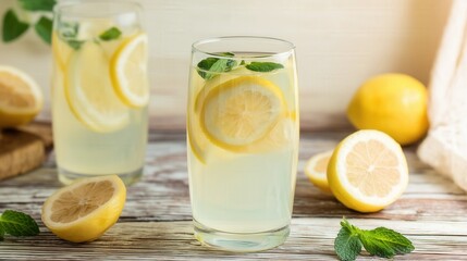 Fresh lemonade with lemon slices and mint in a glass. Generative AI