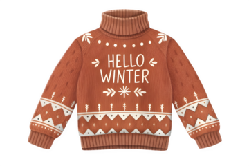 Cozy orange knitted turtleneck sweater with hello winter text isolated on transparent background